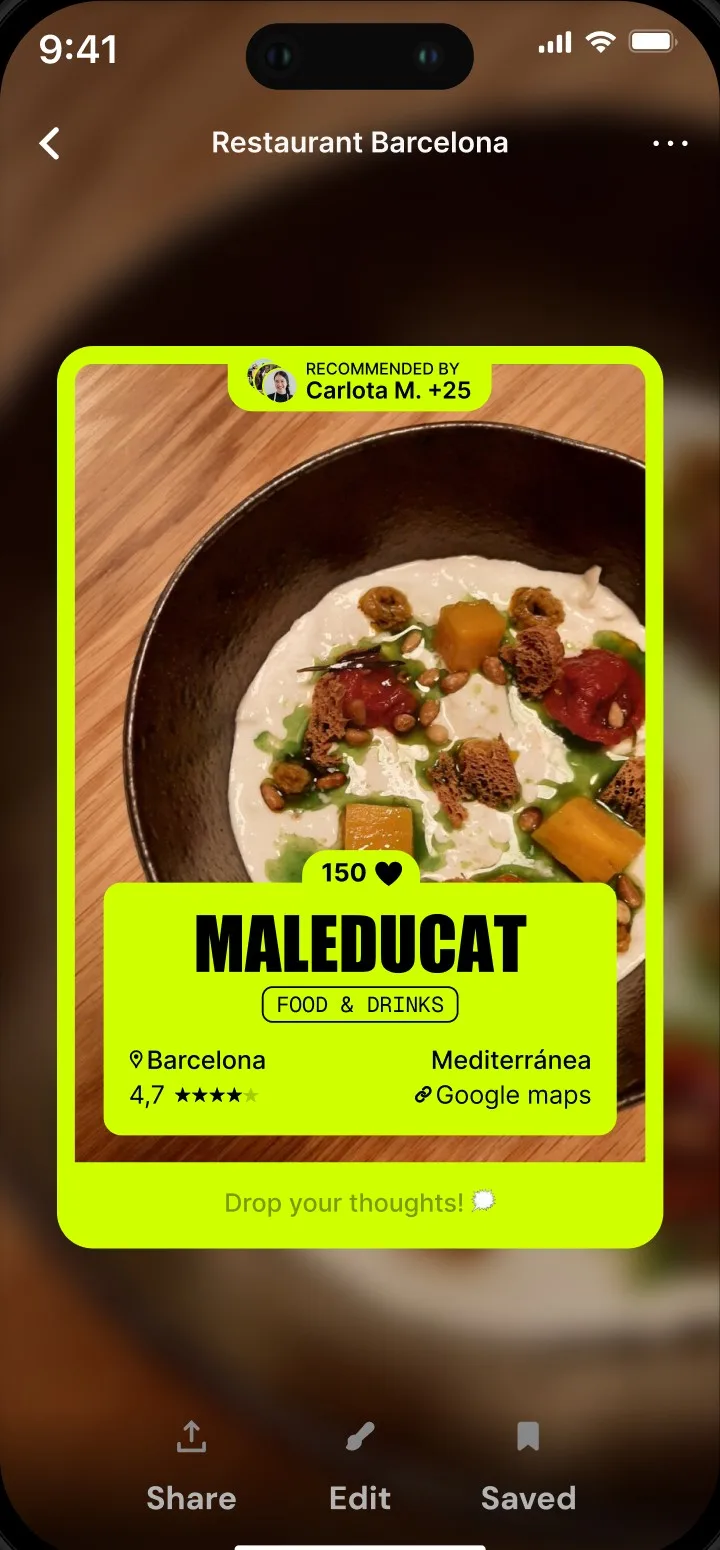 Pantalla de Dopelist con la ficha de un restaurante guardado